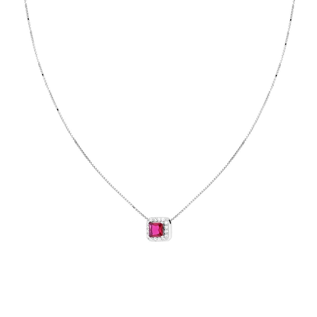 Collana Catena Veneziana Diamantata con Quadrato Carre Rosso Rubino contornato da Cubic Zirconia Bianchi in ARGENTO 925 Galvanica Rodio<BR>