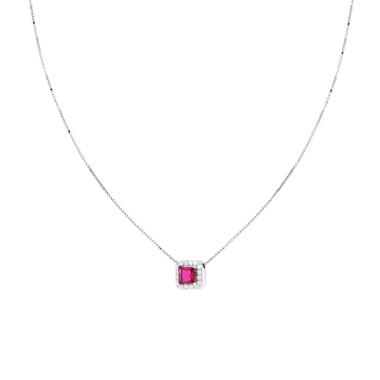 Collana Catena Veneziana Diamantata con Quadrato Carre Rosso Rubino contornato da Cubic Zirconia Bianchi in ARGENTO 925 Galvanica Rodio<BR>