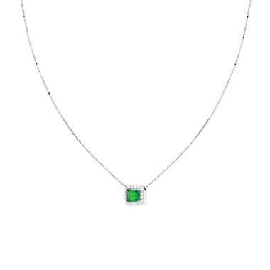 Collana Catena Veneziana Diamantata con Quadrato Carre Verde Smeraldo contornato da Cubic Zirconia Bianchi in ARGENTO 925 Galvanica Rodio<BR>