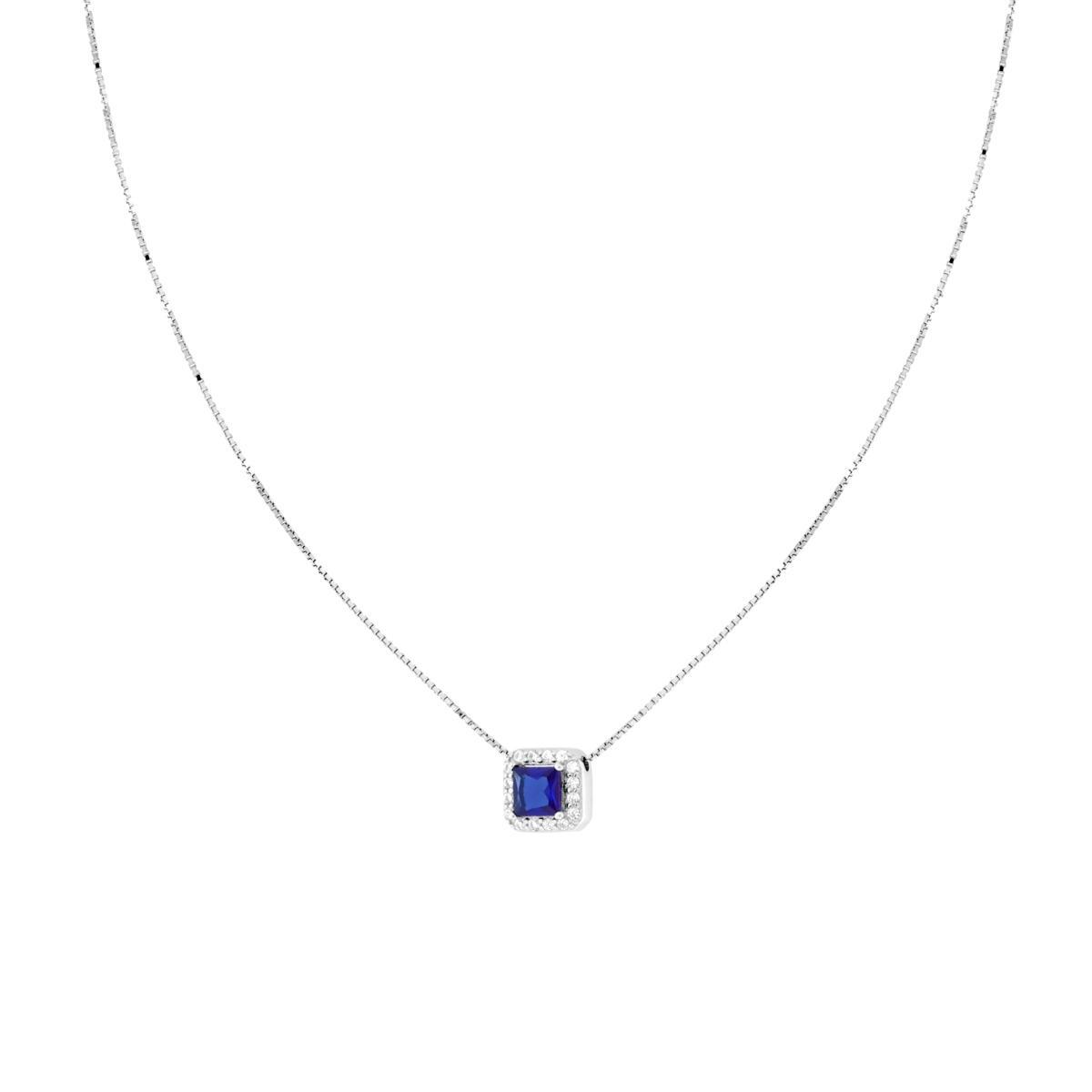 Collana Catena Veneziana Diamantata con Quadrato Carre Blu Zaffiro contornato da Cubic Zirconia Bianchi in ARGENTO 925 Galvanica Rodio<BR>