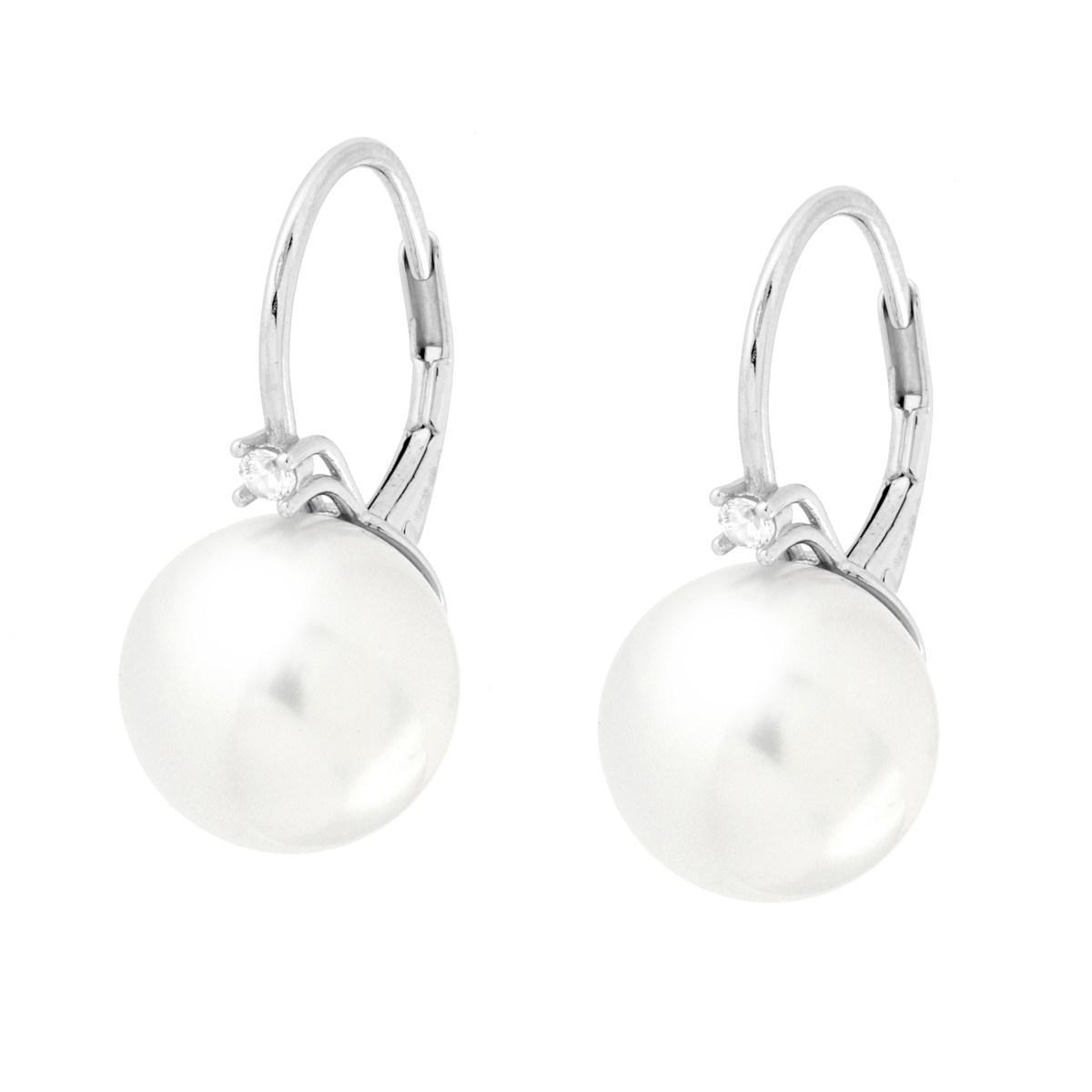 Orecchini Monachella Perla mm 12 e Punto Luce Cubic Zirconia Bianco in ARGENTO 925 Galvanica Rodio<BR>