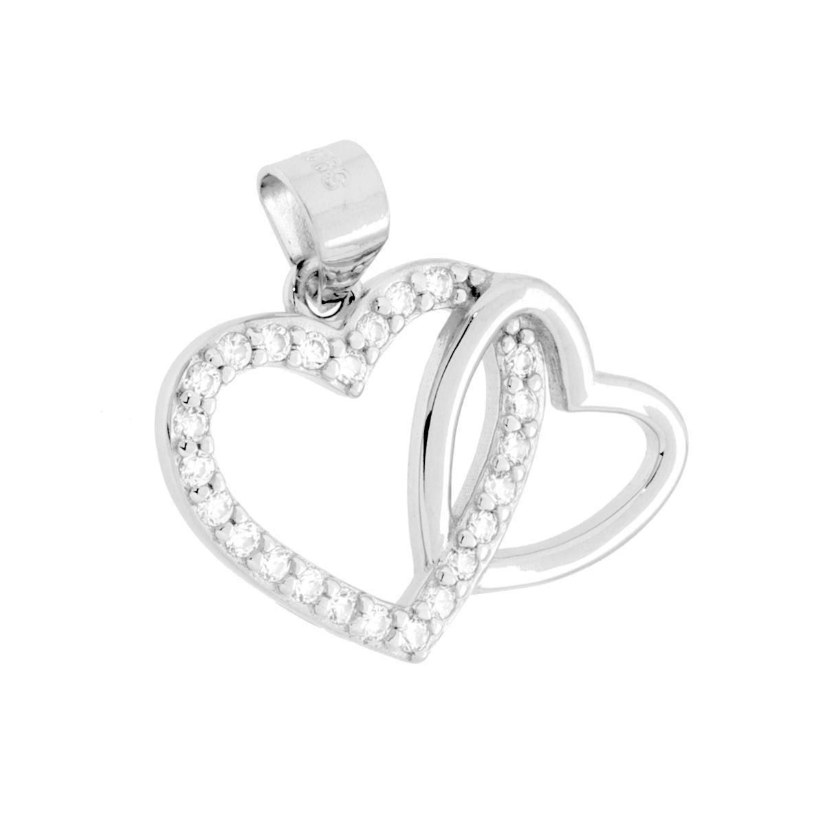 Ciondolo doppio Cuore con Cubic Zirconia Bianchi in ARGENTO 925 Galvanica Rodio<BR>