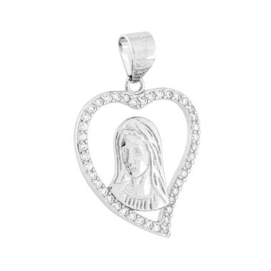 Ciondolo Cuore con Madonna e Cubic Zirconia Bianchi in ARGENTO 925 Galvanica Rodio<BR>