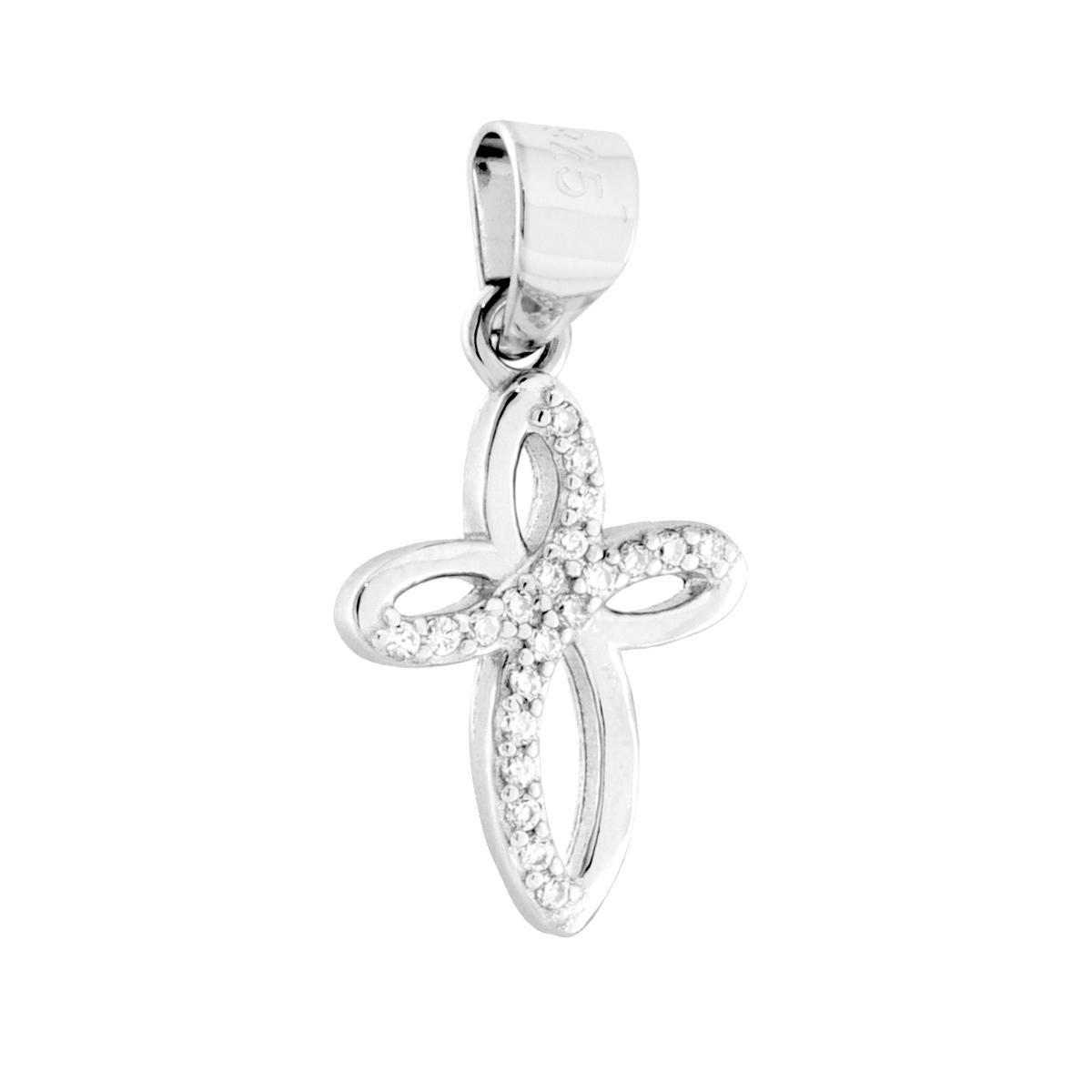Ciondolo Croce Fiore con Cubic Zirconia Bianchi in ARGENTO 925 Galvanica Rodio<BR>