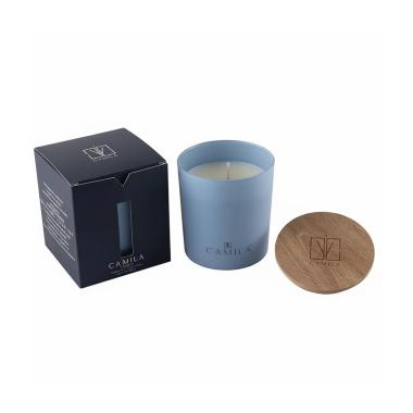 Candela profumata Wood 200 gr d.9 x h.9 cm blu avio fragranza vaniglia Camilia