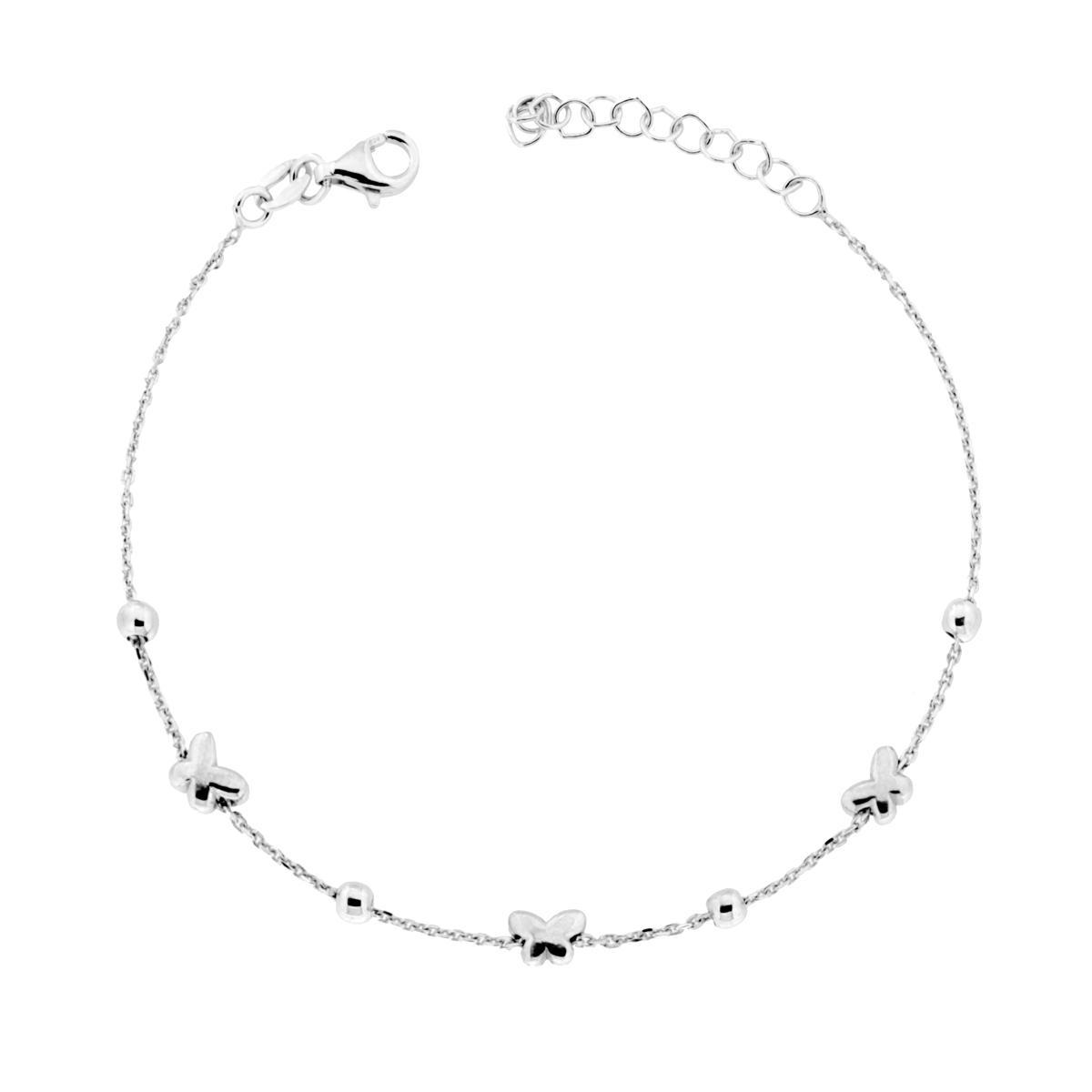 Bracciale Catena Forzatina Diamantata con Farfalla e Palline in ARGENTO 925 Galvanica Rodio<BR>