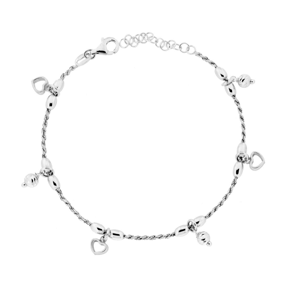 Bracciale Catena Corda Diamantata con Ovaline Cuori e Palline Slash pendenti in ARGENTO 925 Galvanica Rodio<BR>