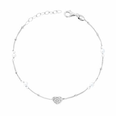 Bracciale Catena Grumetta Diamantata con Cuore con Cubic Zirconia Bianchi e Perle in ARGENTO 925 Galvanica Rodio<BR>