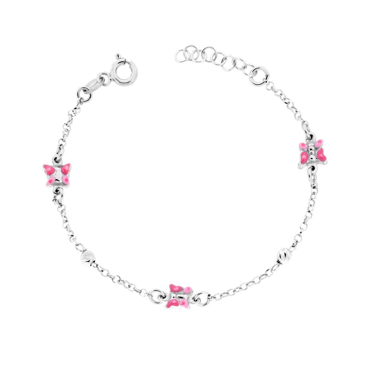 Bracciale Bimbo Bimba con Catena Rolo Diamantata Palline Slash e Farfalla con Smalto Rosa in ARGENTO 925 Galvanica Rodio<BR>