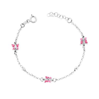 Bracciale Bimbo Bimba con Catena Rolo Diamantata Palline Slash e Farfalla con Smalto Rosa in ARGENTO 925 Galvanica Rodio<BR>