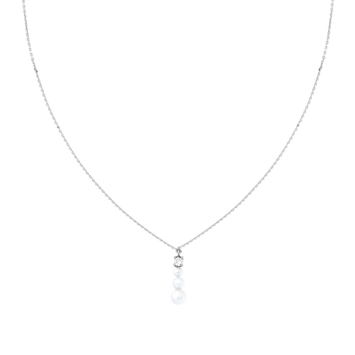 Collana Catena Forzatina Diamantata con Punto Luce Cubic Zirconia Bianco e Trilogy di Perle in ARGENTO 925 Galvanica Rodio<BR>