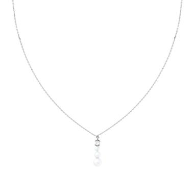 Collana Catena Forzatina Diamantata con Punto Luce Cubic Zirconia Bianco e Trilogy di Perle in ARGENTO 925 Galvanica Rodio