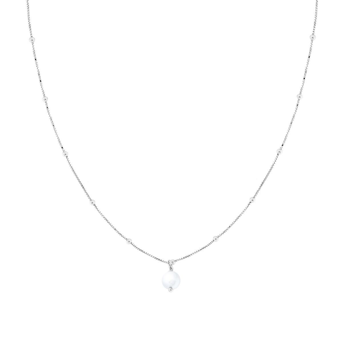 Collana Catena Veneziana Diamantata con Perla pendente in ARGENTO 925 Galvanica Rodio