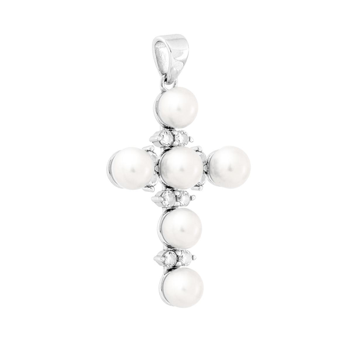 Ciondolo Croce con Perle e Cubic Zirconia Bianchi in ARGENTO 925 Galvanica Rodio<BR>