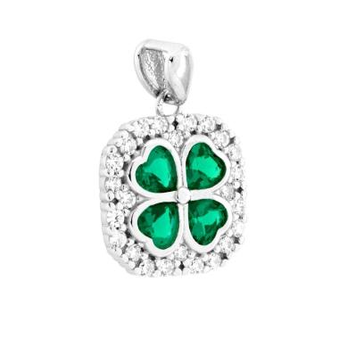 Ciondolo Ottagonale con Quadrifoglio Cuori Verde Smeraldo contornati da Cubic Zirconia Bianchi in ARGENTO 925 Galvanica Rodio<BR>
