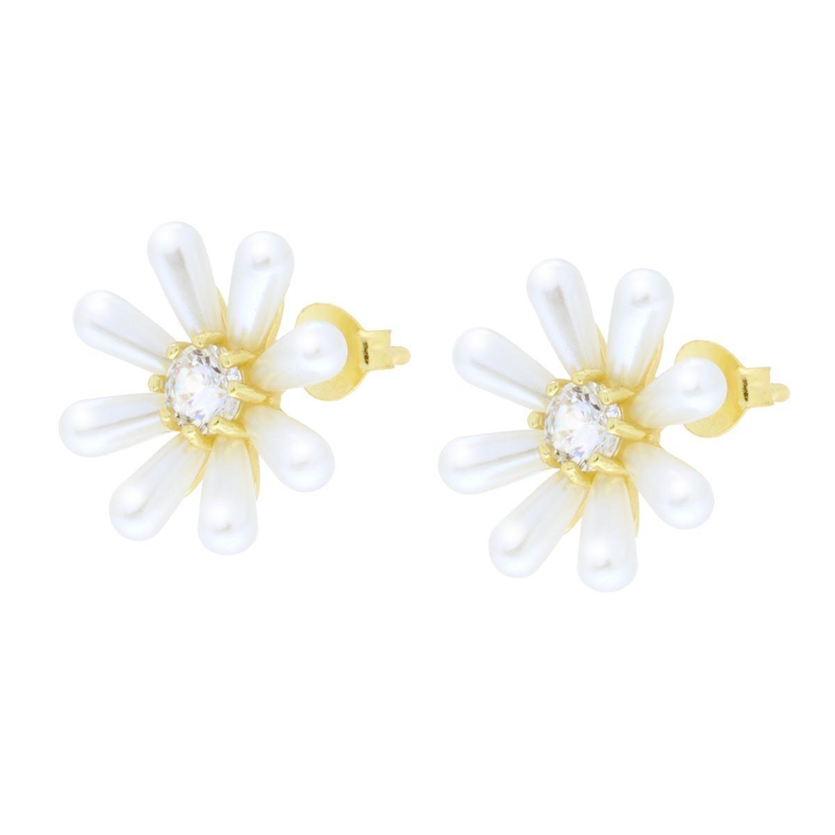 Orecchini Fiore con Petali Goccia Perla e Cubic Zirconia Bianco in ARGENTO 925 Galvanica Oro<BR>