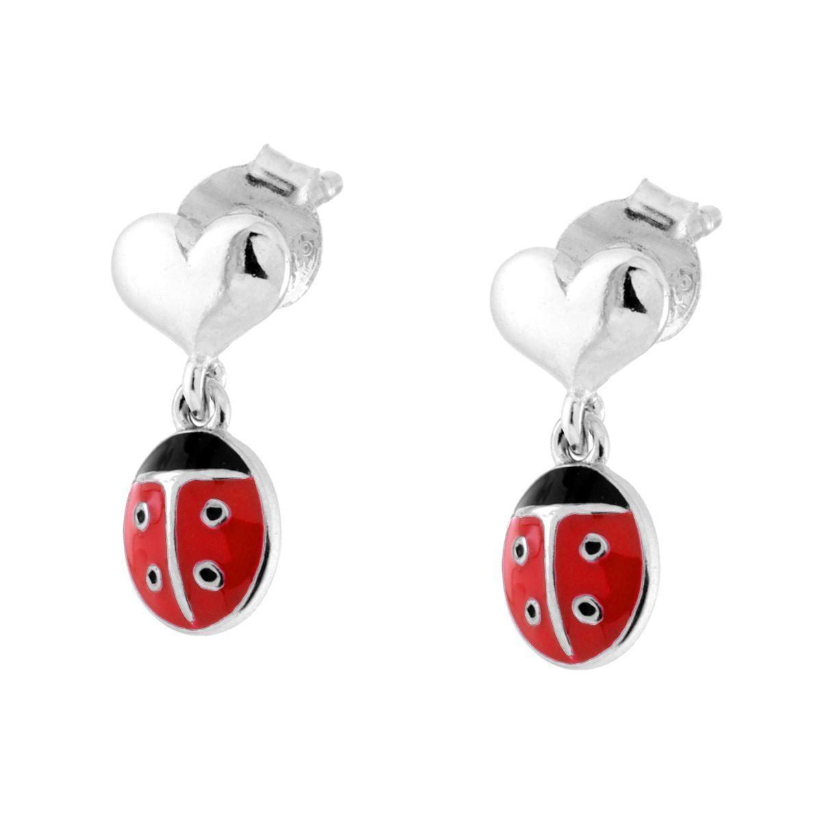 Orecchini Cuore con Coccinella e Smalto Rosso in ARGENTO 925 Galvanica Rodio<BR>