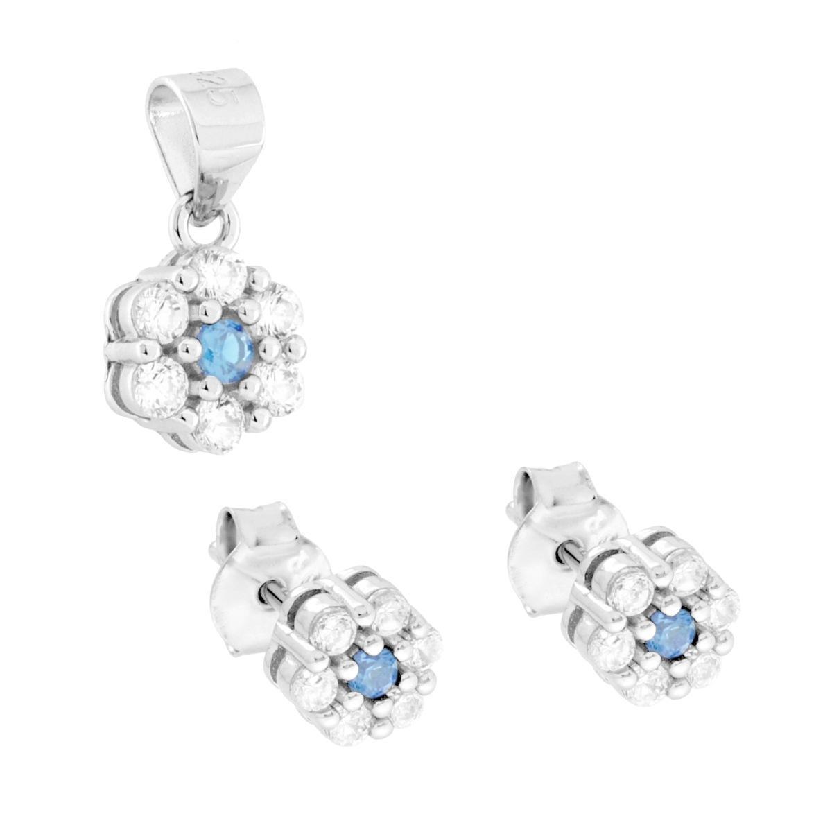 Parure Set Orecchini e Ciondolo con Fiore Acquamarina e Cubic Zirconia Bianchi in ARGENTO 925 Galvanica Rodio<BR>