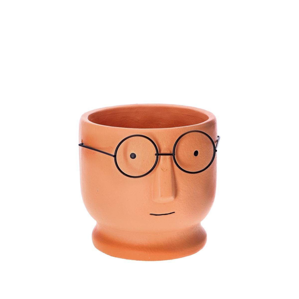 Vaso in cemento viso Nacho con occhiali metallo 17x h.16,5 cm