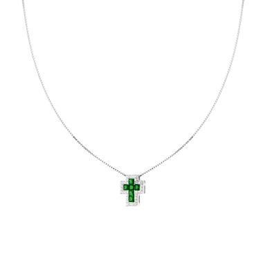Collana Catena Veneziana Diamantata con Croce Verde Smeraldo contornata da Cubic Zirconia Bianchi in ARGENTO 925 Galvanica Rodio<BR>