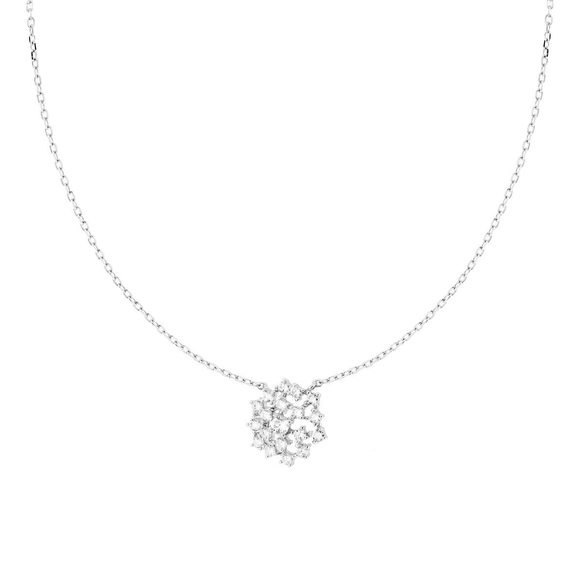 Collana Catena Forzatina Diamantata con Accessorio Fiorito e Cubic Zirconia Bianchi in ARGENTO 925 Galvanica Rodio<BR>