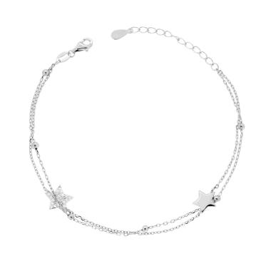 Bracciale due fili Catena Forzatina Diamantata con Stelle e Cubic Zirconia Bianchi in ARGENTO 925 Galvanica Rodio<BR>