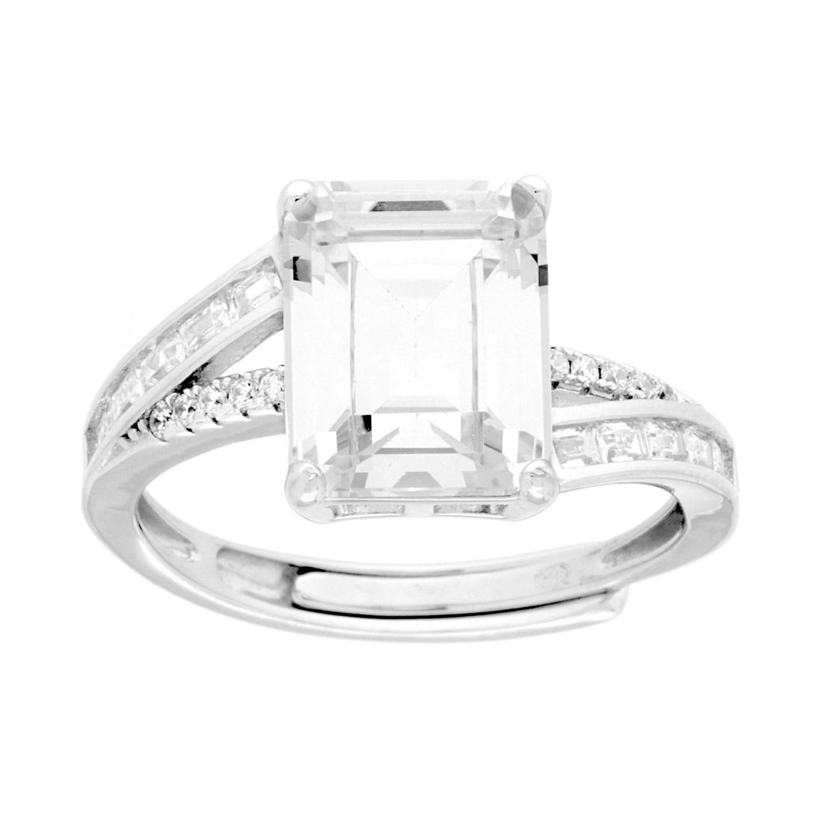 Anello Solitario Rettangolare con Cubic Zirconia Bianco mm 8x10 in ARGENTO 925 Galvanica Rodio<BR>