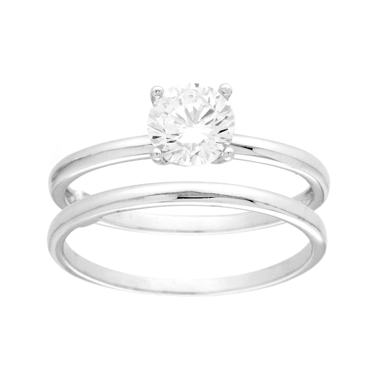 Anello doppio Fedina e Solitario con Cubic Zirconia Bianchi mm 6 in ARGENTO 925 Galvanica Rodio<BR>