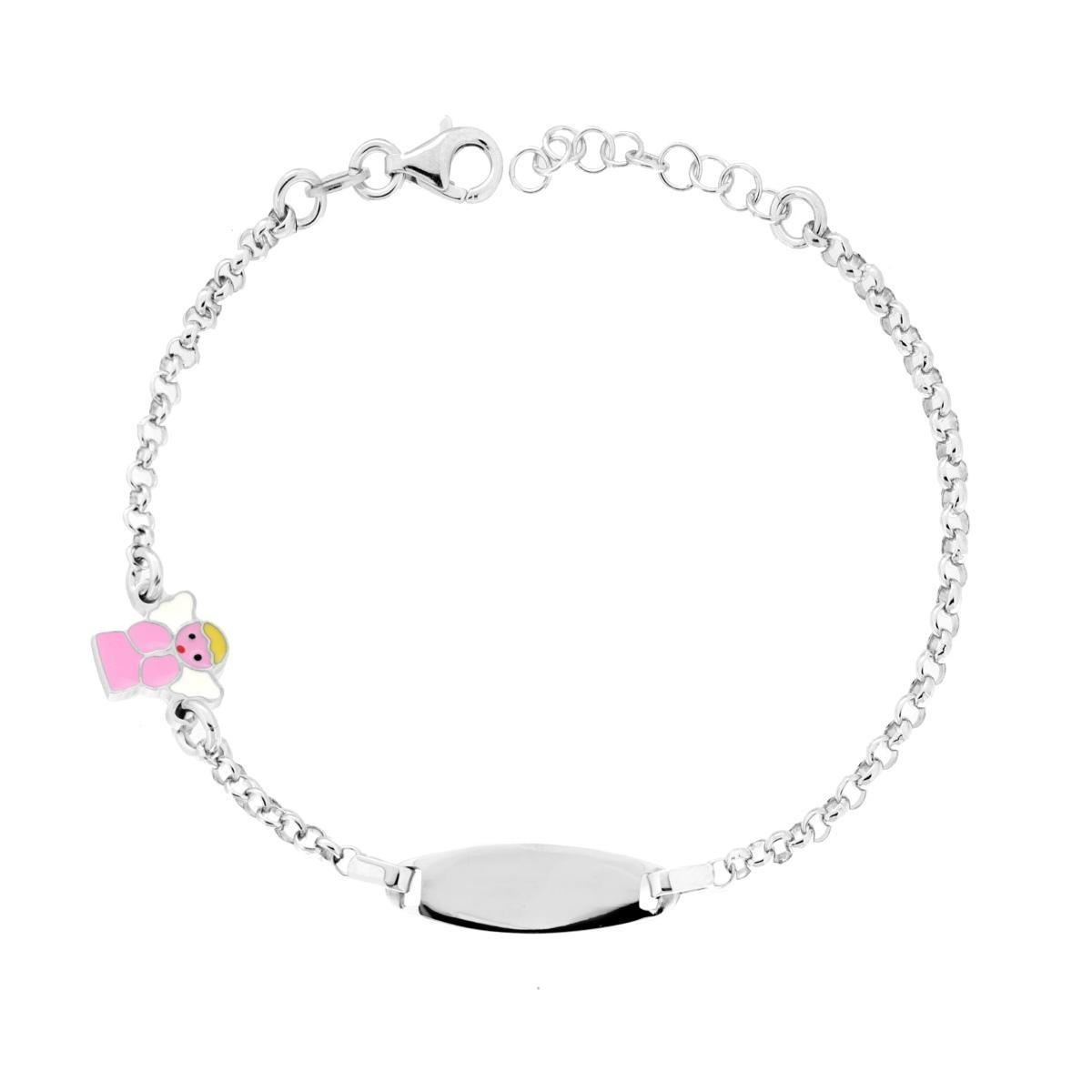 Bracciale Bimbo Bimba Catena Rolo con Targa Ovale e Angelo con Smalto Rosa in ARGENTO 925 Galvanica Rodio<BR>