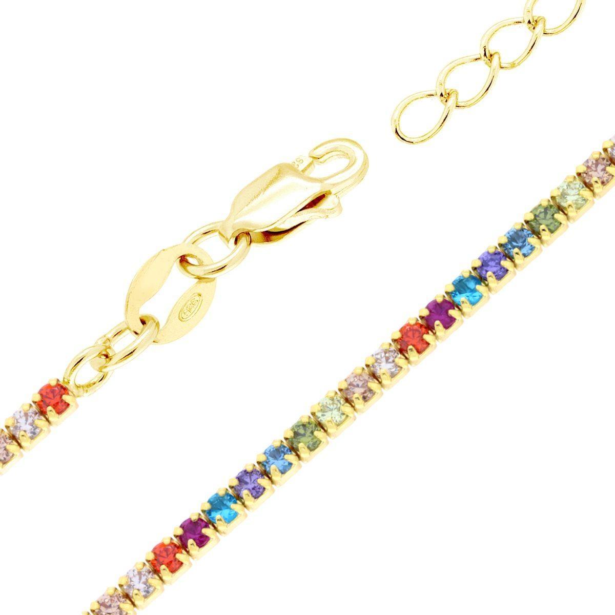 Bracciale Tennis Griffe cm 16+3 con Zirconi Multicolor mm 1.7 in ARGENTO 925 Galvanica Oro<BR>