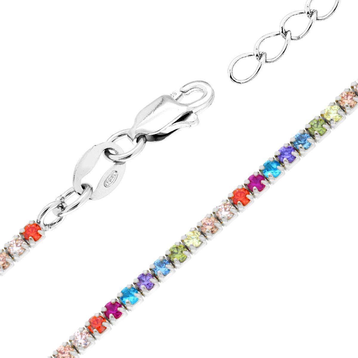 Bracciale Tennis Griffe cm 16+3 con Zirconi Multicolor mm 1.7 in ARGENTO 925 Galvanica Rodio<BR>