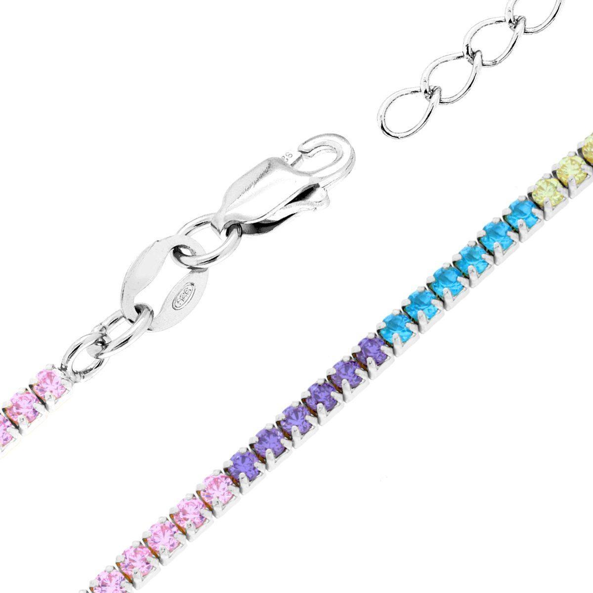 Bracciale Tennis Griffe cm 16+3 con Zirconi Multicolor mm 1.7 in ARGENTO 925 Galvanica Rodio<BR>