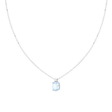 Collana Catena Forzatina Diamantata con Punto Luce Ovale Cubic Zirconia Acquamarina in ARGENTO 925 Galvanica Rodio