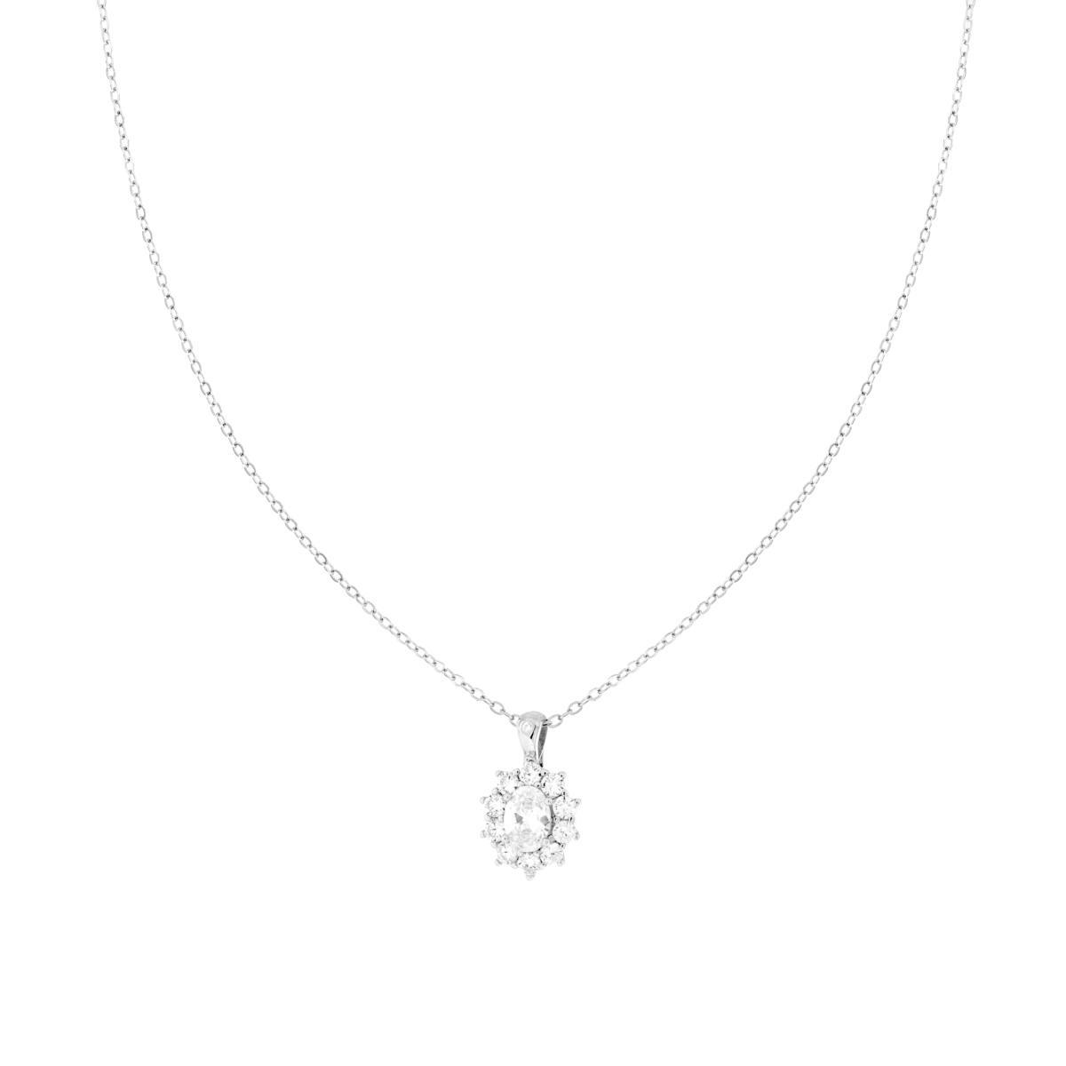 Collana Catena Forzatina Diamantata con Punto Luce Ovale Bianco contornato da Cubic Zirconia Bianchi in ARGENTO 925 Galvanica Rodio<BR>