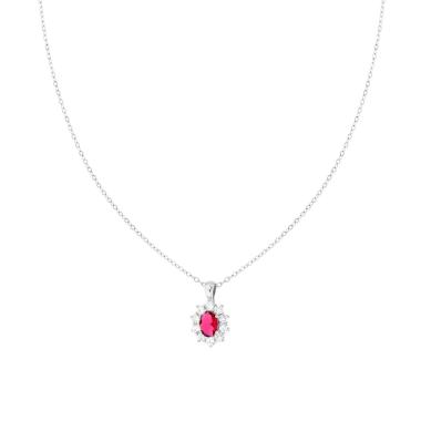 Collana Catena Forzatina Diamantata con Ovale Rosso Rubino contornato da Cubic Zirconia Bianchi in ARGENTO 925 Galvanica Rodio