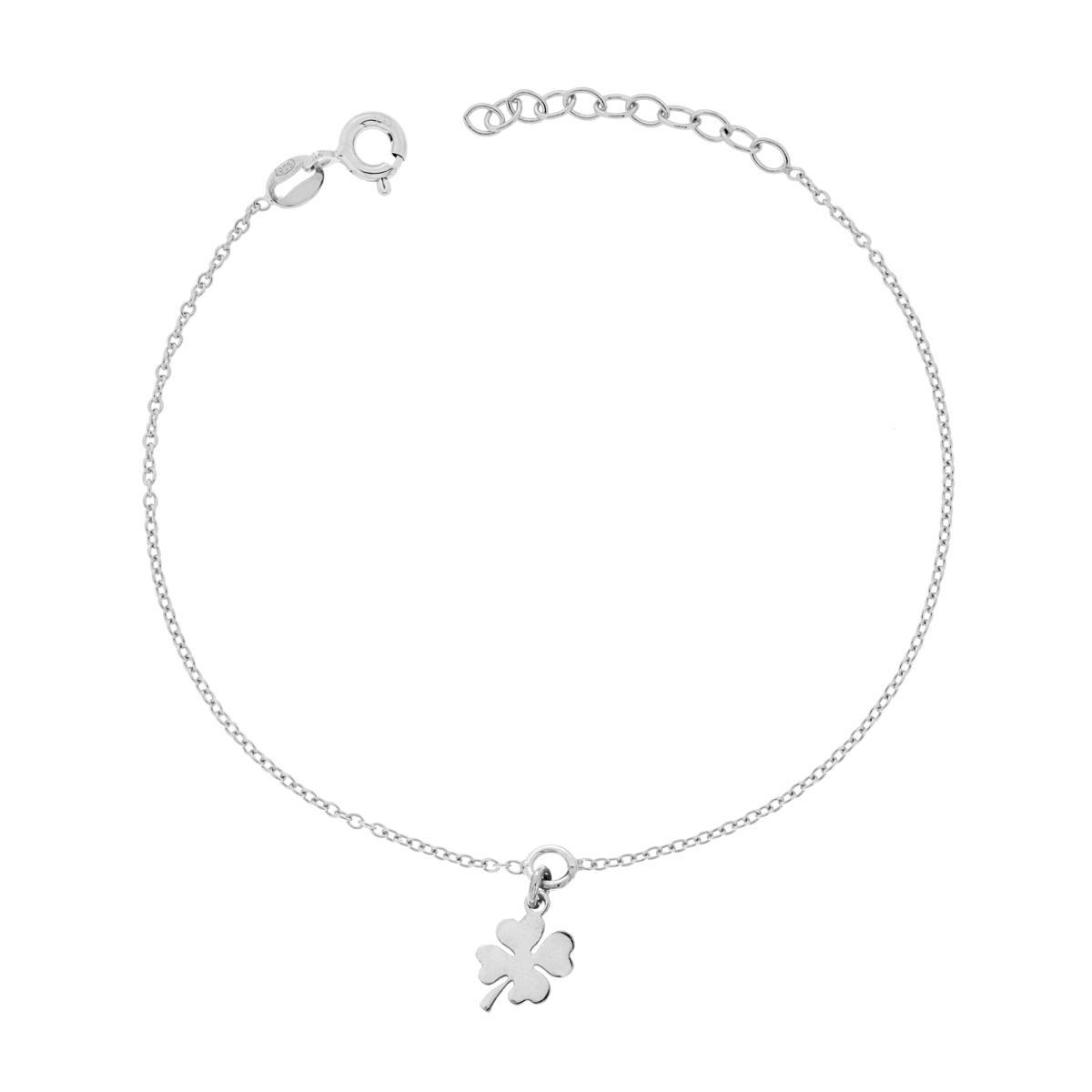 Bracciale Catena Forzatina Diamantata con Quadrifoglio in ARGENTO 925 Galvanica Rodio<BR>