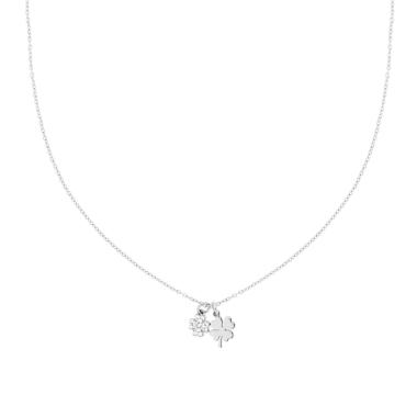 Collana Catena Forzatina Diamantata con Quadrifogli e Cubic Zirconia Bianchi in ARGENTO 925 Galvanica Rodio<BR>