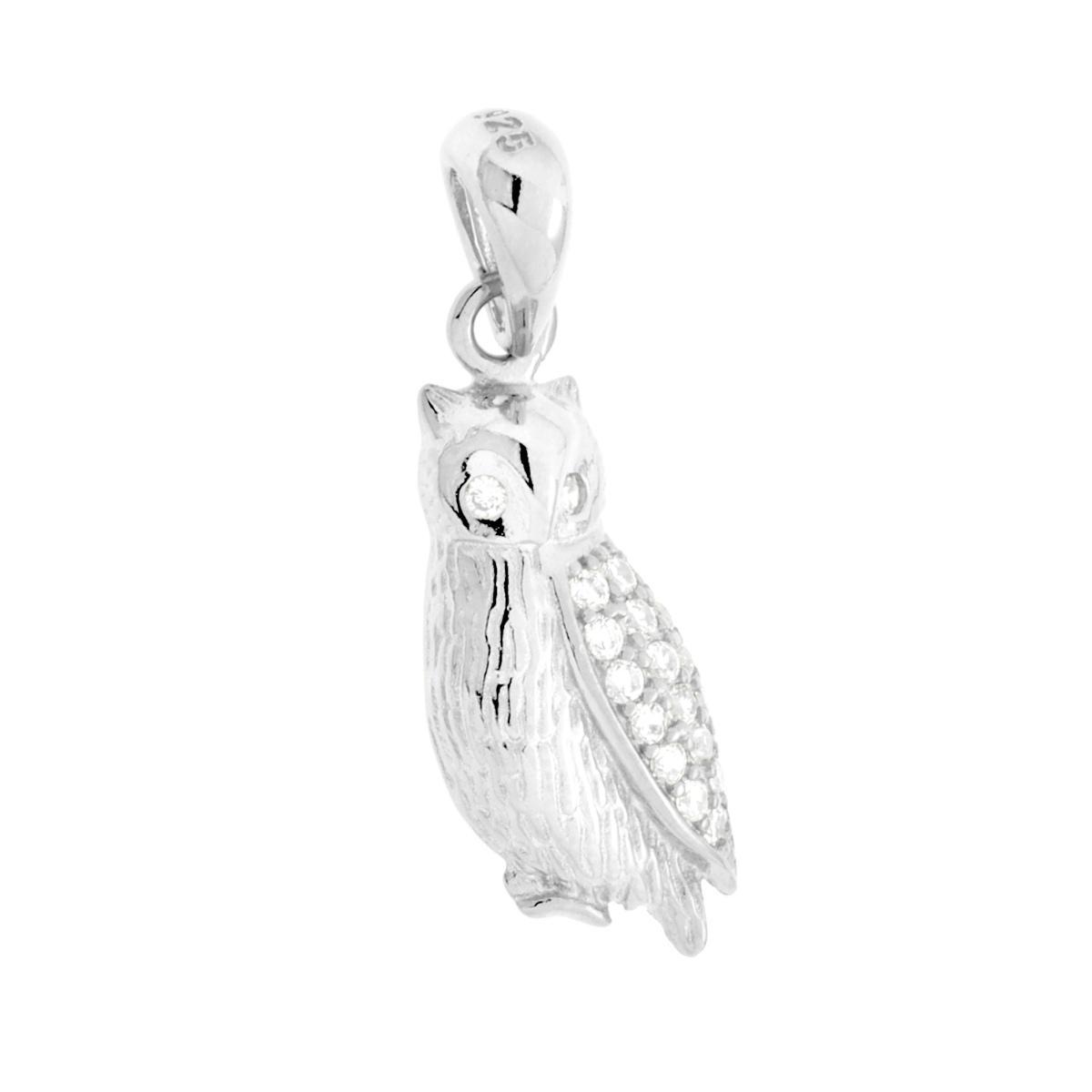 Ciondolo Civetta con Cubic Zirconia Bianchi in ARGENTO 925 Galvanica Rodio<BR>