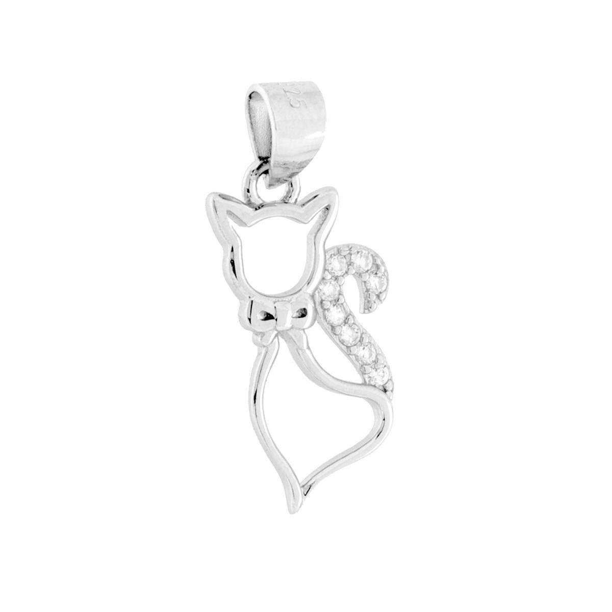 Ciondolo Gatto con Cubic Zirconia Bianchi in ARGENTO 925 Galvanica Rodio<BR>