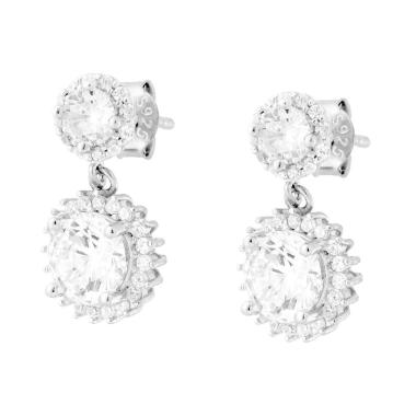 Orecchini Punto Luce Tondo pendente con Cubic Zirconia Bianchi in ARGENTO 925 Galvanica Rodio<BR>