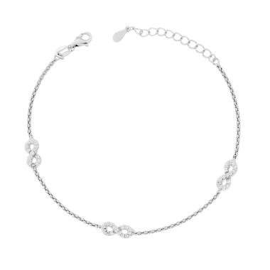 Bracciale Catena Coreana Diamantata con Infinito e Cubic Zirconia Bianchi in ARGENTO 925 Galvanica Rodio<BR>
