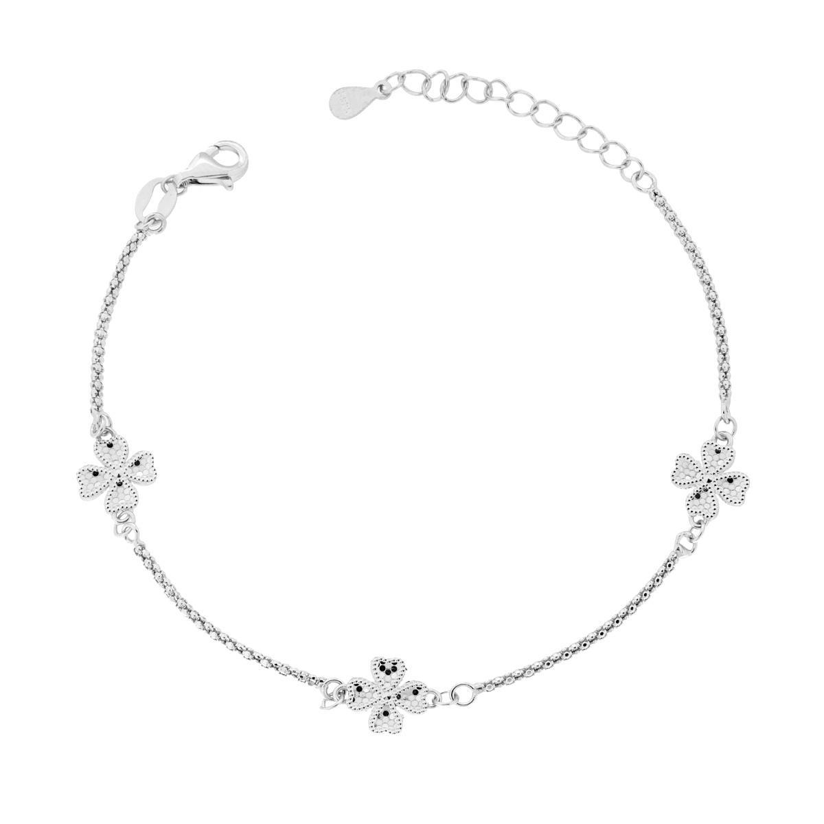 Bracciale Catena Coreana Diamantata con Quadrifogli Diamantati in ARGENTO 925 Galvanica Rodio<BR>