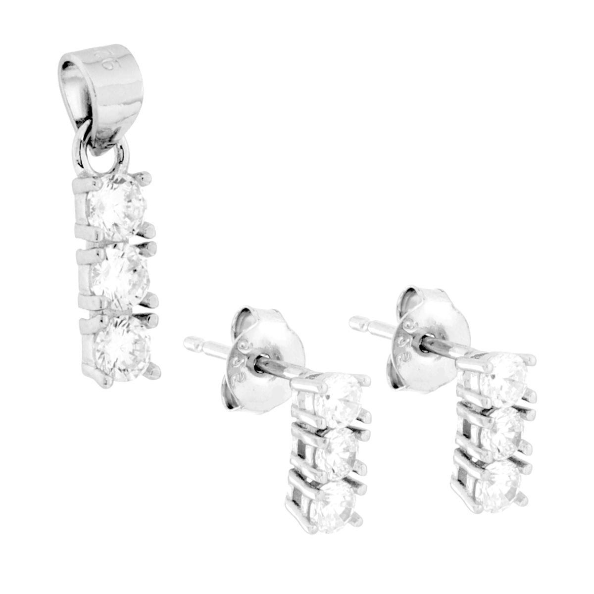 Parure Set Orecchini e Ciondolo con Trilogy Cubic Zirconia Bianchi in ARGENTO 925 Galvanica Rodio<BR>