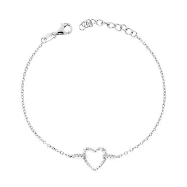 Bracciale Catena Forzatina Diamantata con Cuore e Cubic Zirconia Bianchi in ARGENTO 925 Galvanica Rodio<BR>
