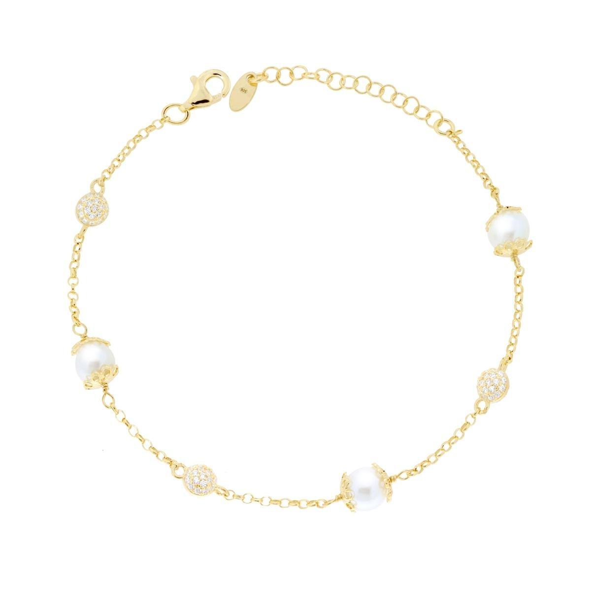 Bracciale Catena Rolo Diamantata con Perle e Cubic Zirconia Bianchi in ARGENTO 925 Galvanica Oro<BR>