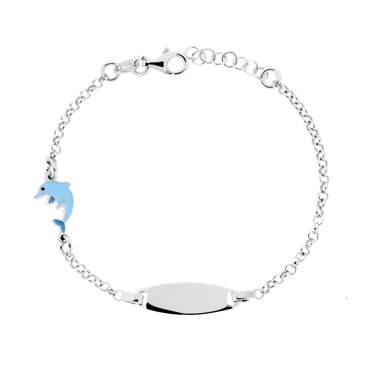 Bracciale Bimbo Bimba Catena Rolo con Targa Ovale e Delfino con Smalto Azzurro in ARGENTO 925 Galvanica Rodio<BR>