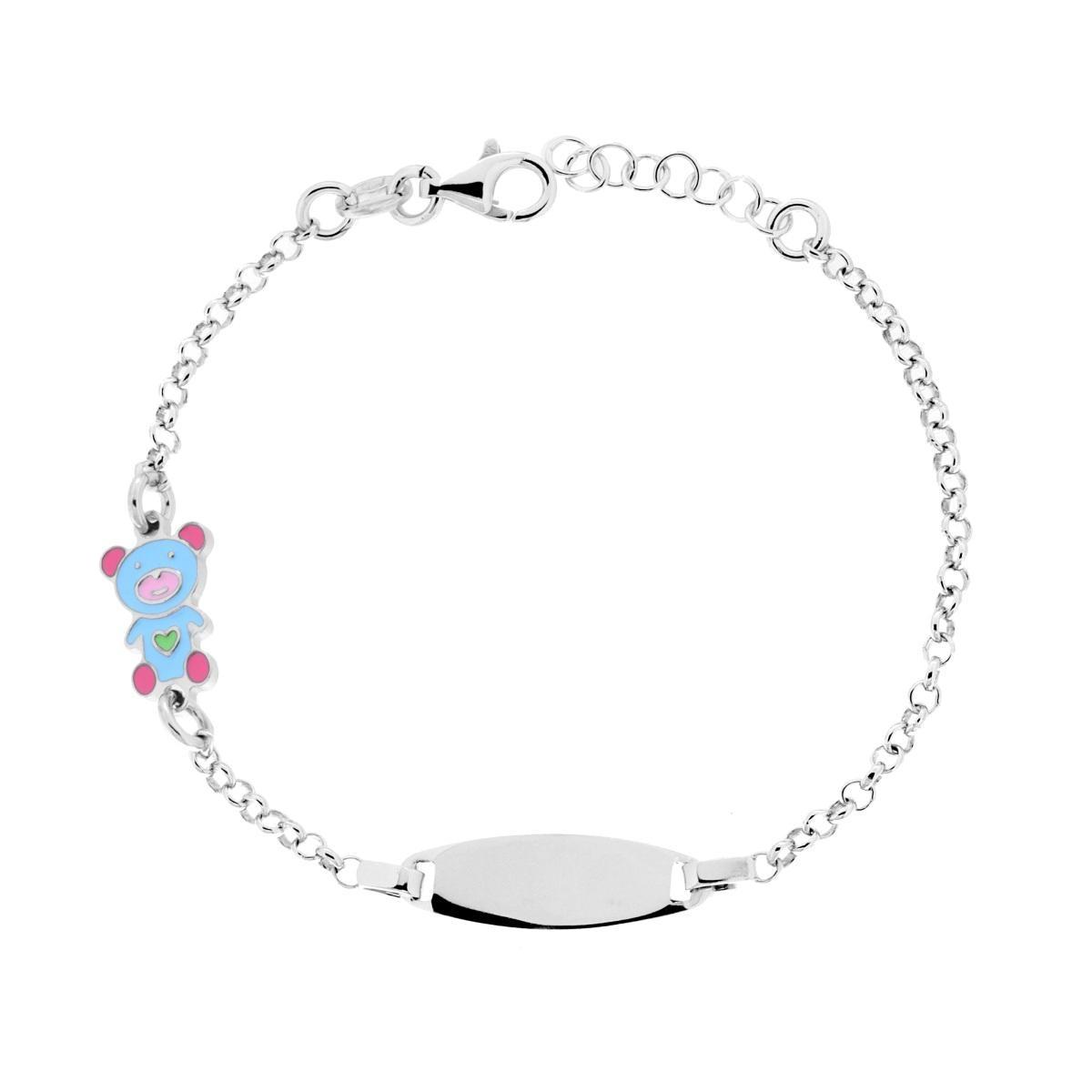 Bracciale Bimbo Bimba Catena Rolo con Targa Ovale e Orsacchiotto con Smalto Azzurro in ARGENTO 925 Galvanica Rodio<BR>