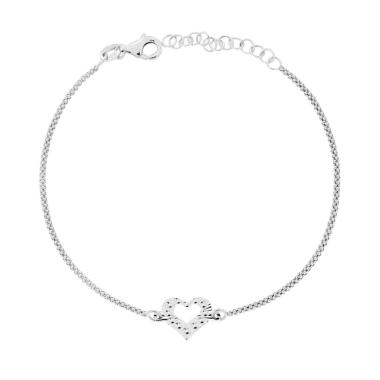 Bracciale Catena Coreana Diamantata con Cuore centrale Diamantato in ARGENTO 925 Galvanica Rodio<BR>