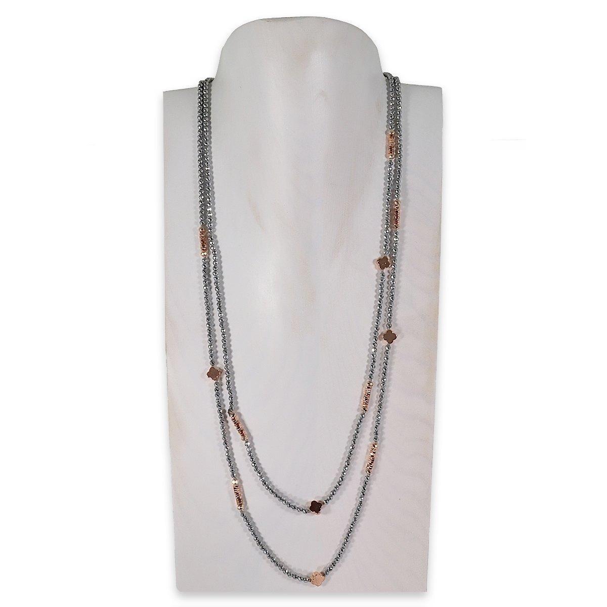Collana montata in ematite silver con elementi in ematite rose' fantasia quadrifoglio