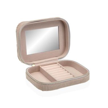 Scatola portagioie in velluto beige chiusura cerniera con specchio